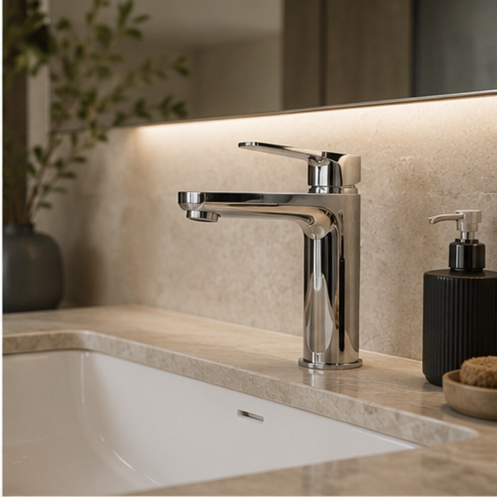 Chrome basin mixer in a refined bathroom