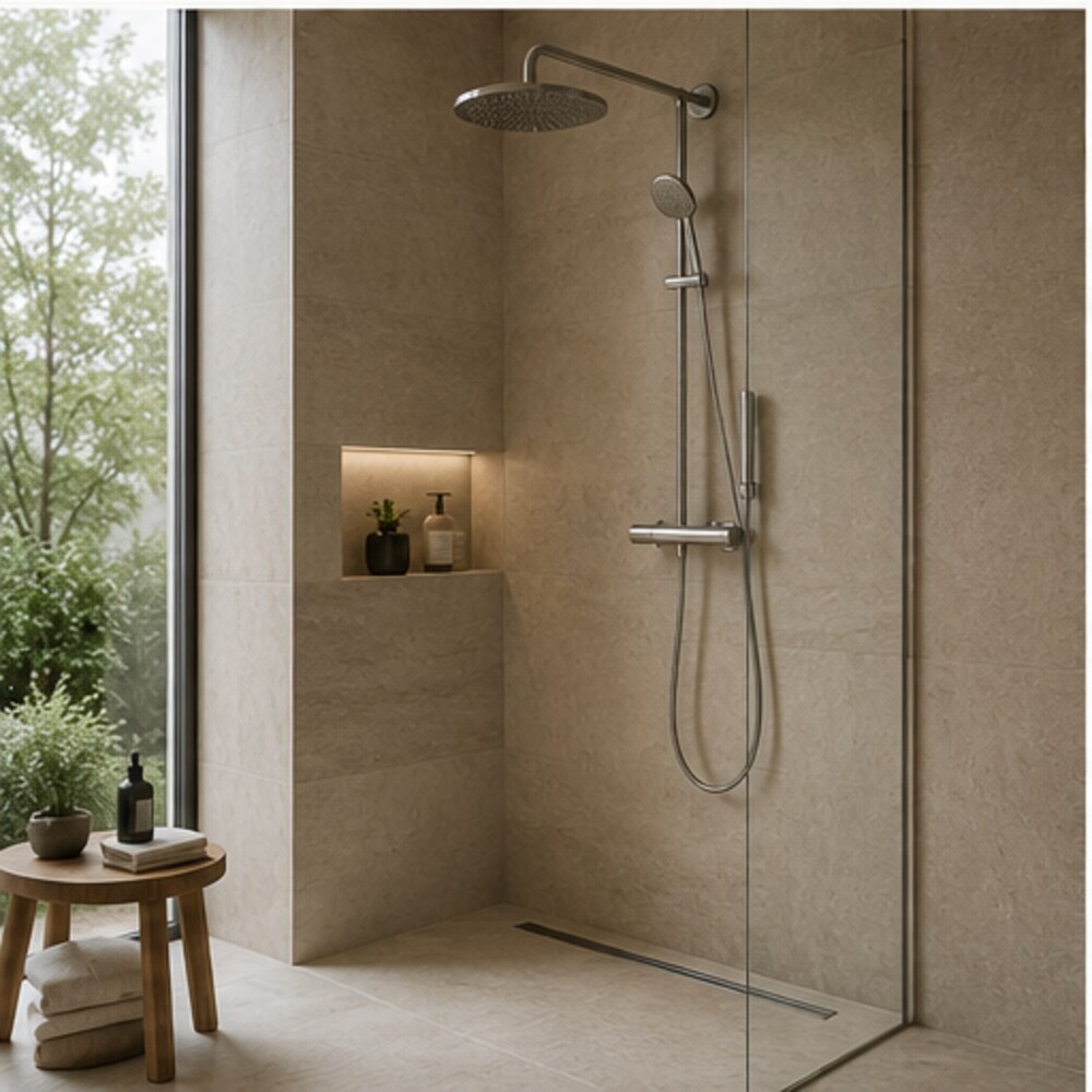 Walk-in shower with rain shower system