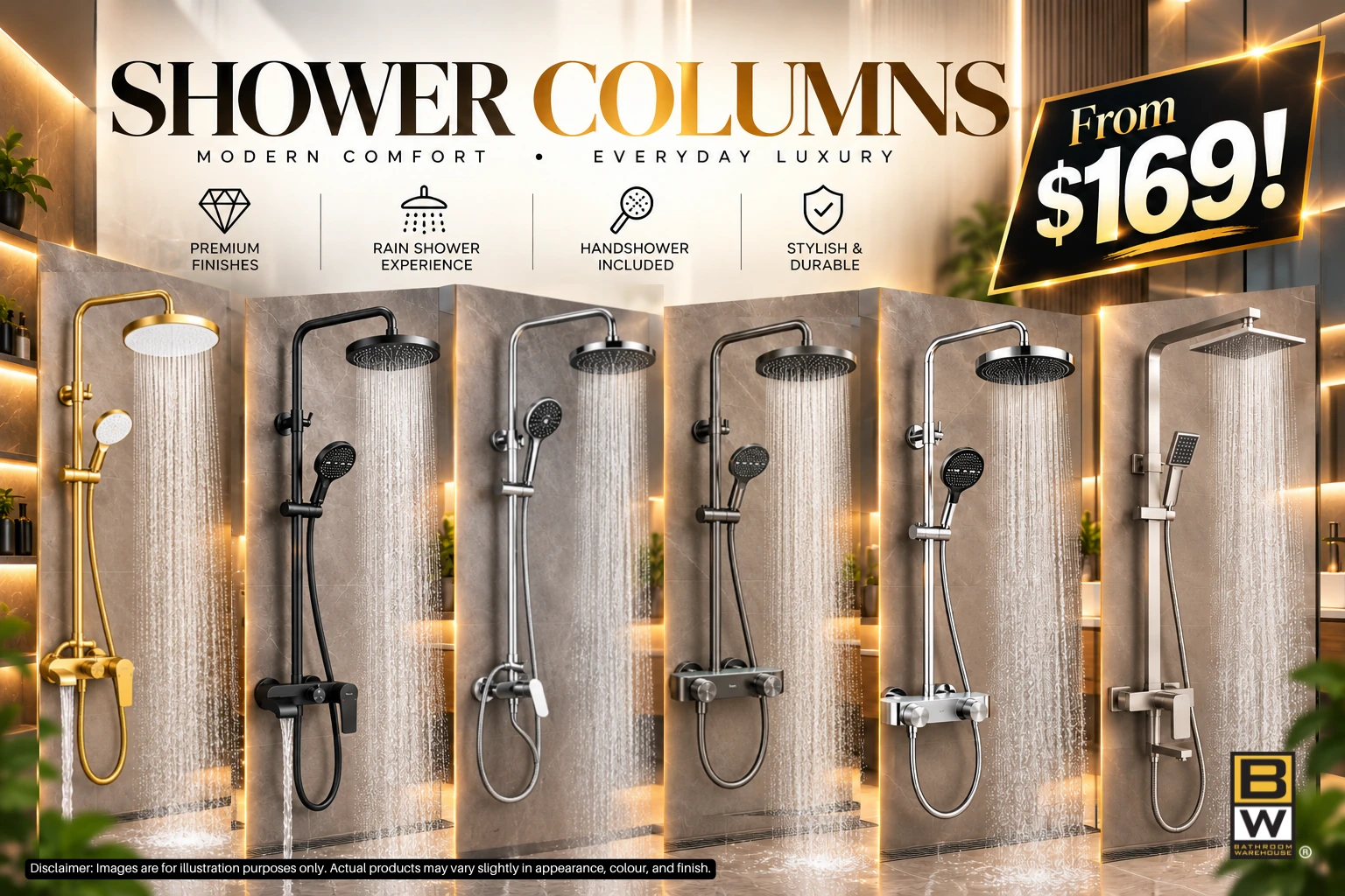 Shower Columns, from $169, six premium shower column designs